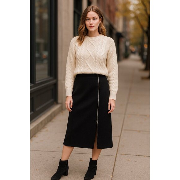 PARKER Wool-Blend Wrap-Style Midi Skirt | Structured Side Zip | Classic Black | - Picture 1 of 10